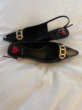 Larroude Black Patent Slingback Flats with Gold Buckle